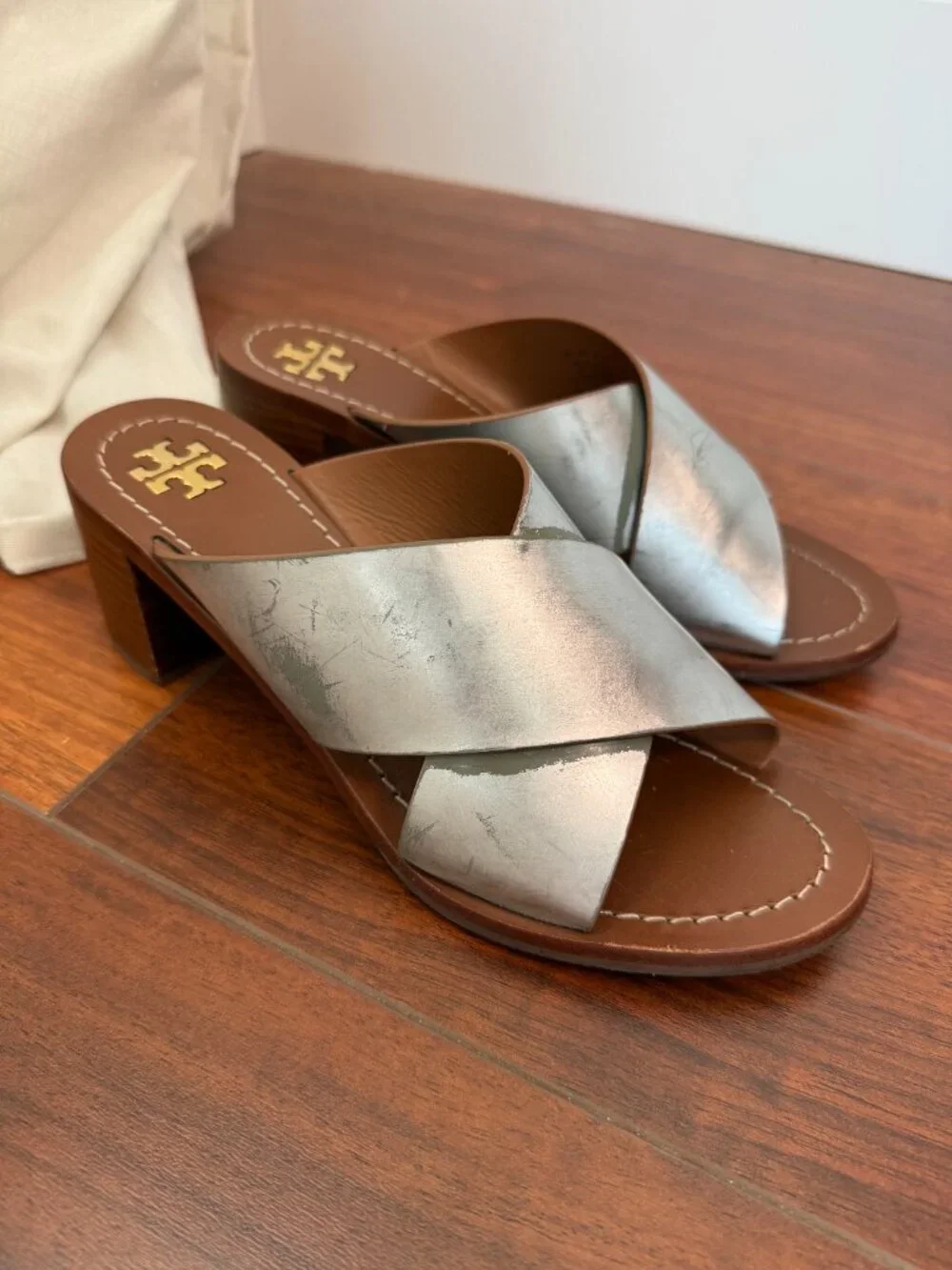 Tory Burch Montrose Stacked Block Heel in Silver size 7